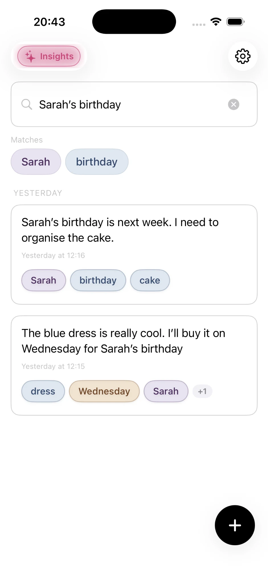Onuri search showing connected notes for Sarah's birthday and related recognised keywords
