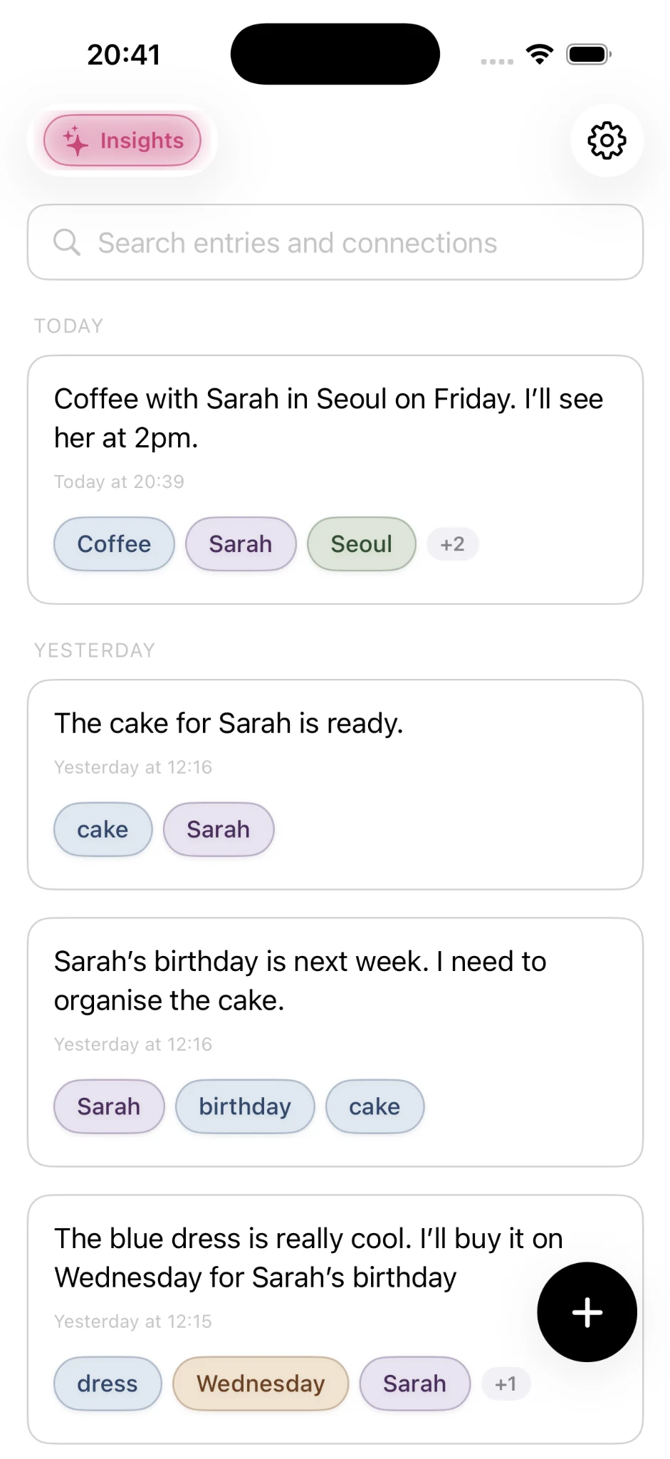 Onuri home feed showing connected notes about Sarah, coffee, Seoul, dates and birthday plans