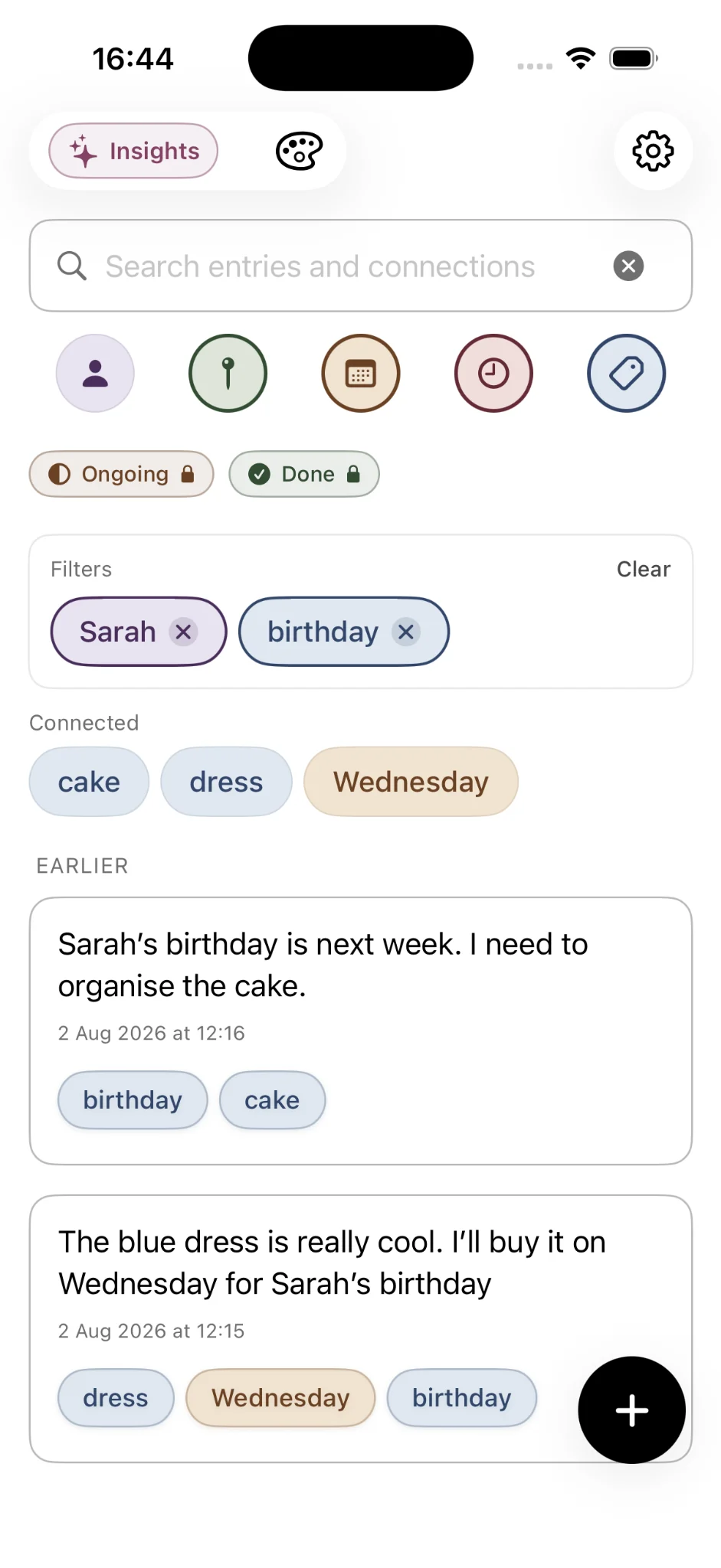 Onuri v2 home screen showing filters for people, places, dates, times and topics, selected filters for Sarah and birthday, and connected terms