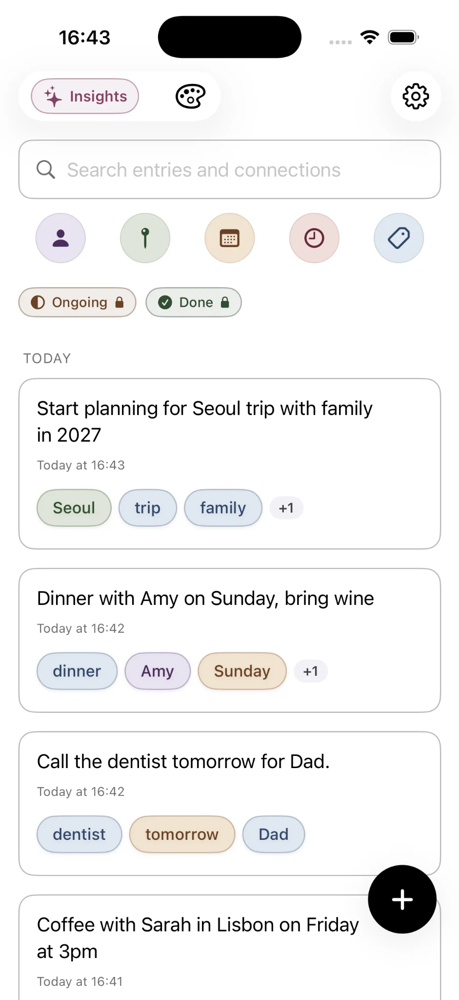 Onuri v2 home feed showing recent notes with recognised people, places, dates and topics plus Ongoing and Done status filters