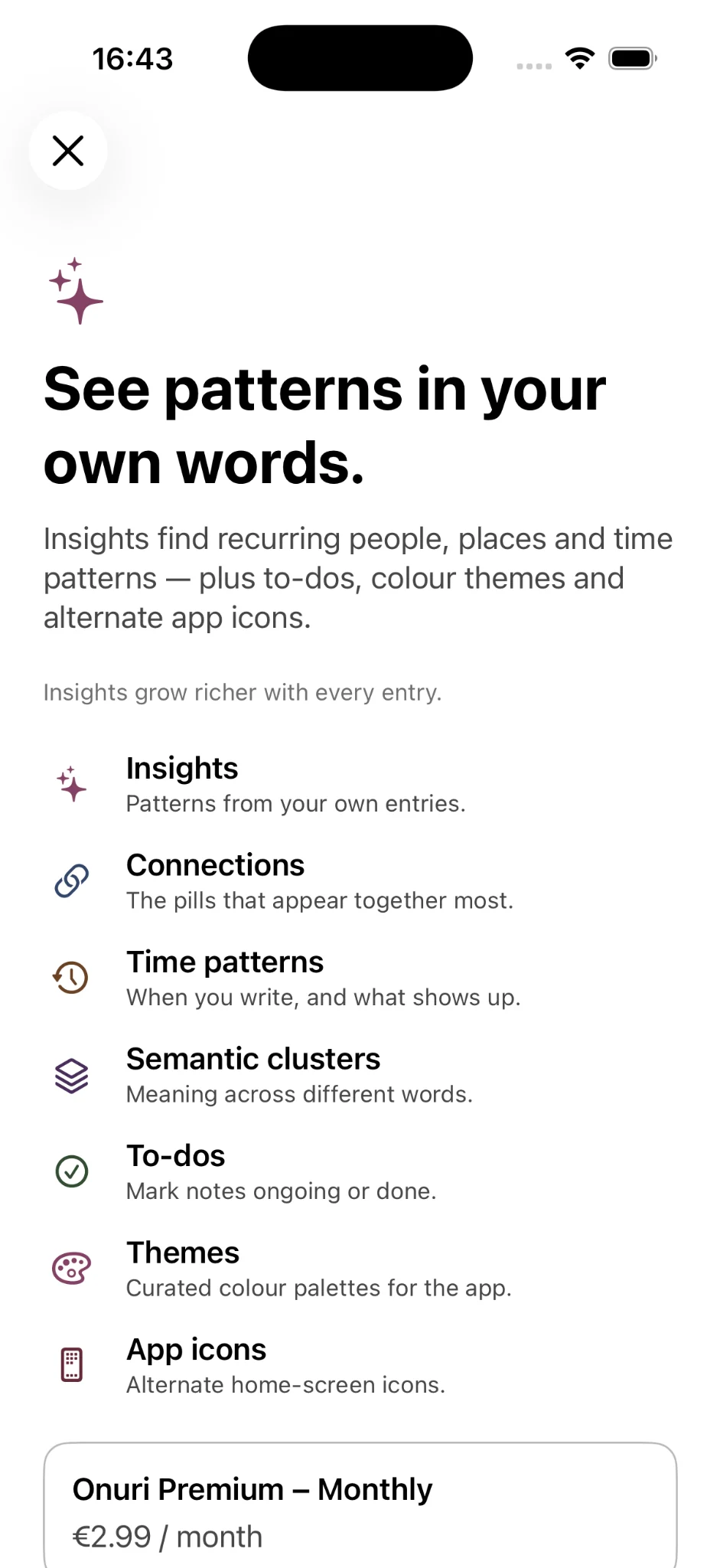 Onuri Premium Insights screen showing insights, connections, time patterns, semantic clusters, to-dos, themes and app icons